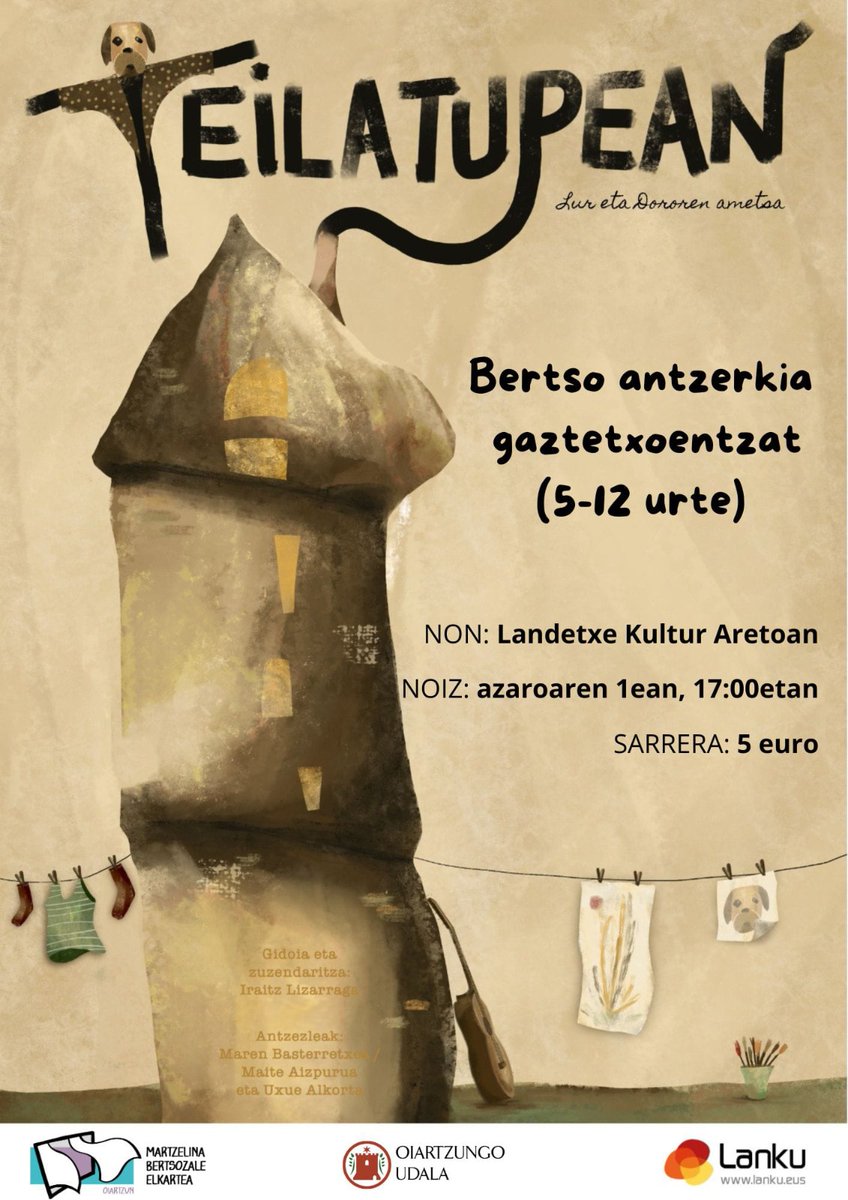 Ikuskizun familiarra. Adiskidetasuna, zaintza, migrazioa, marjinazioa, duintasuna...bezelako gaiak haurren mundutik landuta
Azaroko emanaldiak 
Azaroak 1. Oiartzun
Azaroak 17. Soraluze
Azaroak 24. Uharte
Azaroak 29. Errenteria
#bertsolaritza #antzerkia