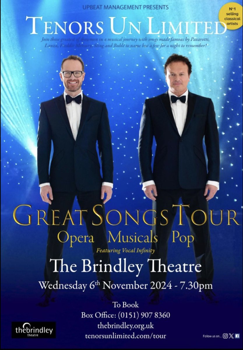 Less than a week to go before we join Tenors  Unlimited  on stage at The Brindley Theatre. This is going to be a fabulous show with a mix of opera, pop and musical theatre. Come and hear us sing Barcelona, Nessun Dorma and From Now On Tickets thebrindley.org.uk