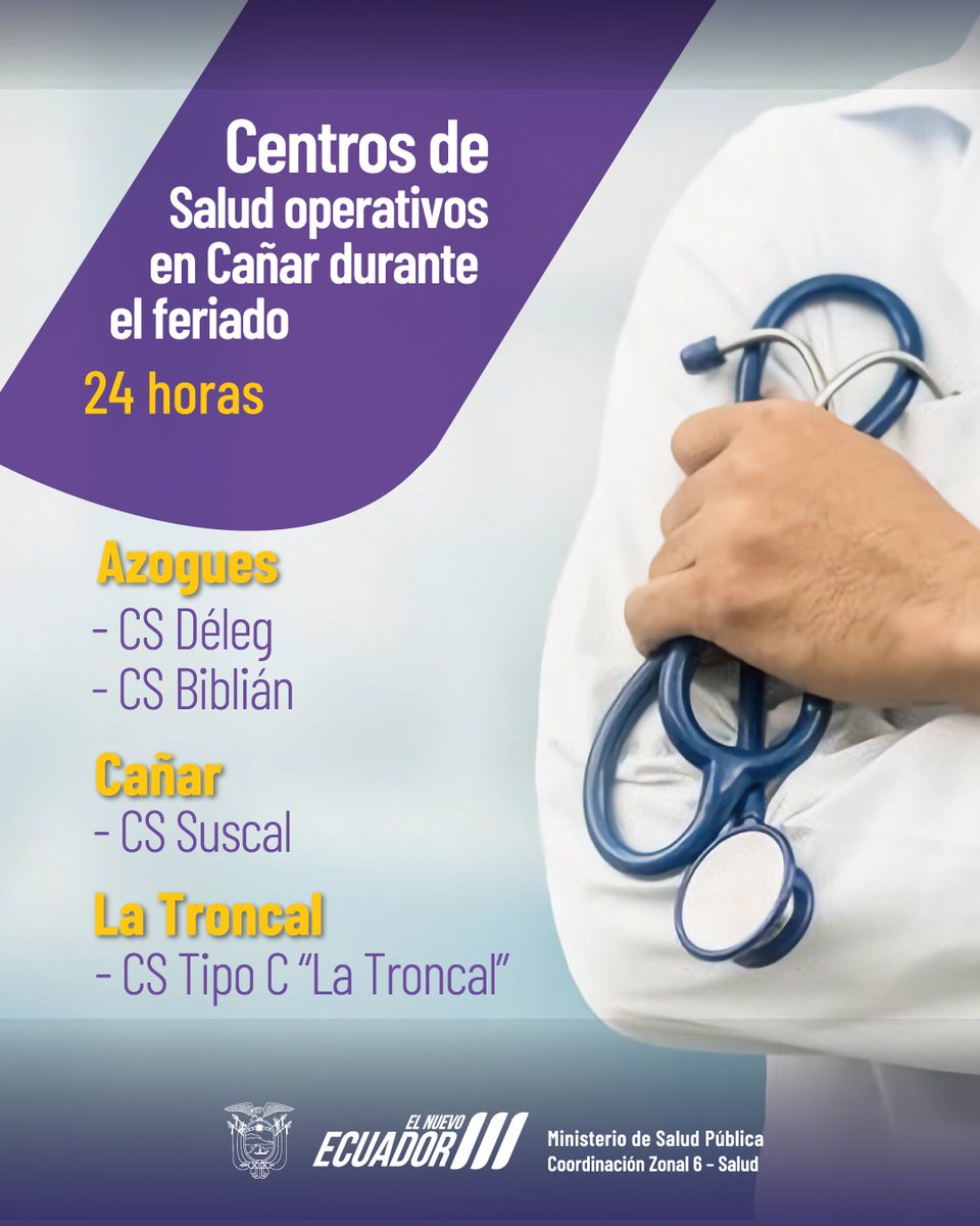 saludazuay_'s tweet photo. #ElNuevoEcuador | Conoce los hospitales y centros de salud que estarán  operativos las 24 horas en 📍 Azuay, 📍 Cañar y  📍 Morona Santiago, durante este feriado por el Día de los Difuntos e Independencia de Cuenca. https://t.co/W65RBC9Q97