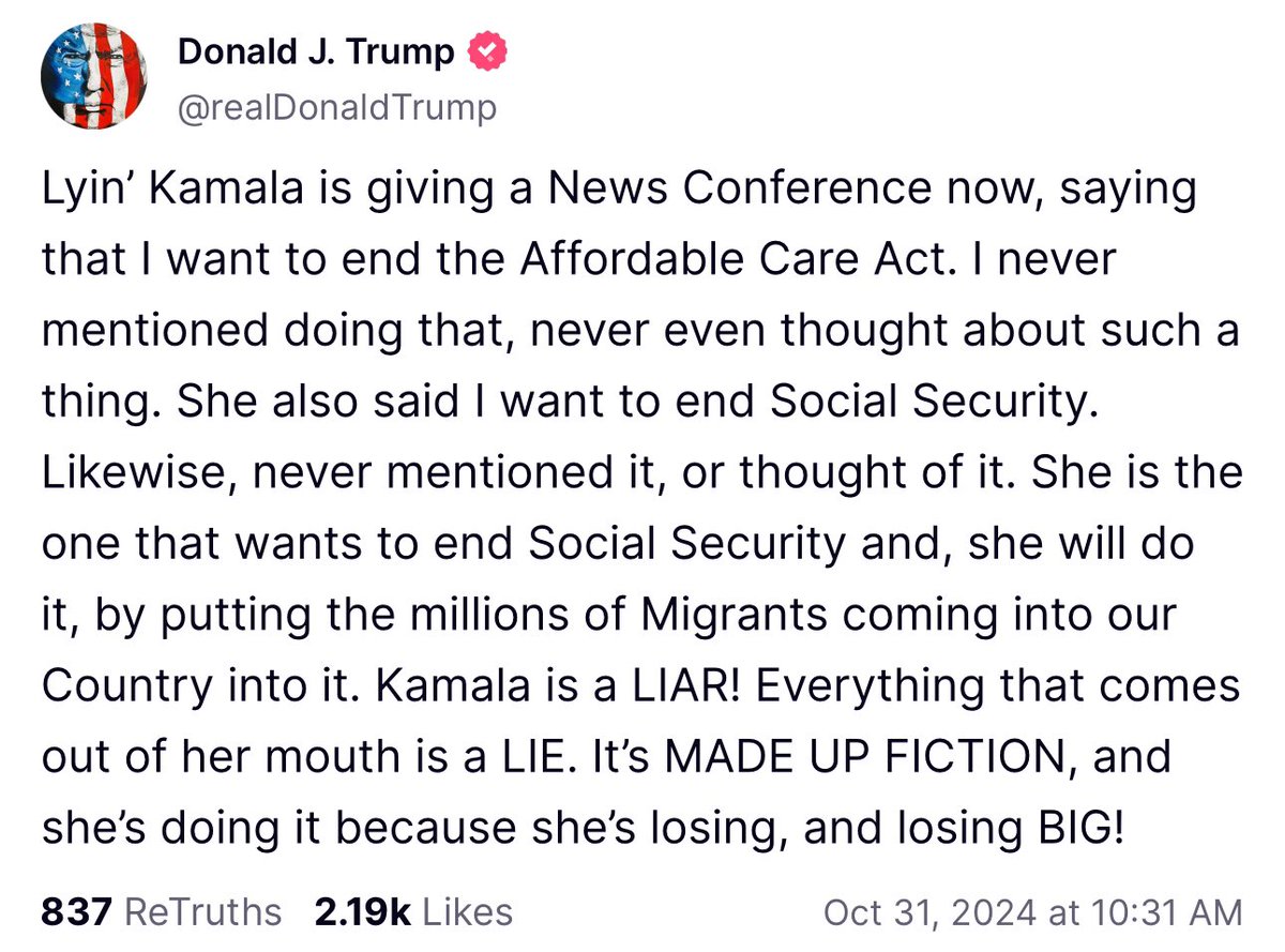 patriottakes's tweet image. Trump falsely claims Kamala Harris is lying about him wanting to end the Affordable Care Act.

Here is video of Trump himself during this campaign saying he will be “getting rid of Obamacare” if elected.

Video: meidasnews.com/:section/trump…