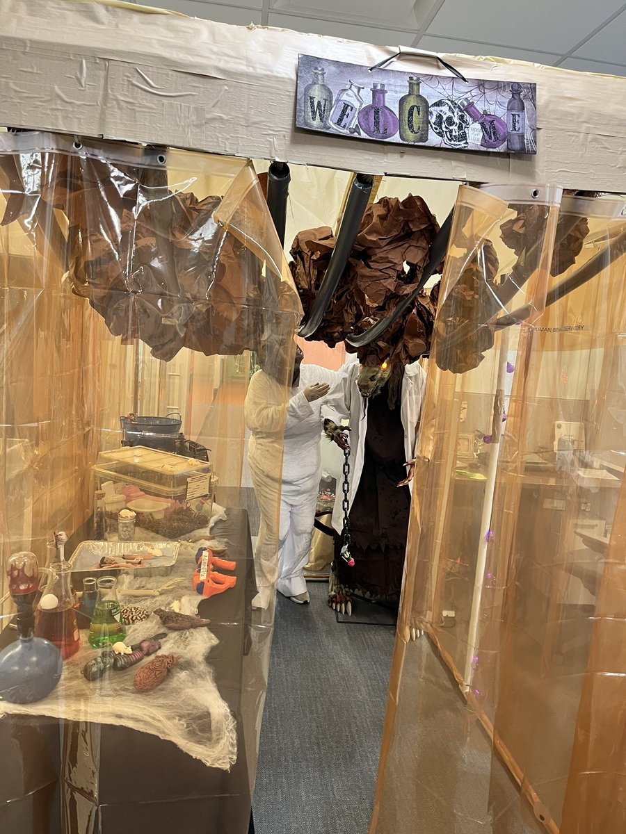 lindsayschwarz's tweet photo. Halloween in @DnbResearch is🤩. Schwarz lab: haunted cage, Patel lab: HP!⚡️, @So_lets_kiLab70 lab: The Shire, Stewart lab: Shrek! https://t.co/S4q3X2sjRJ