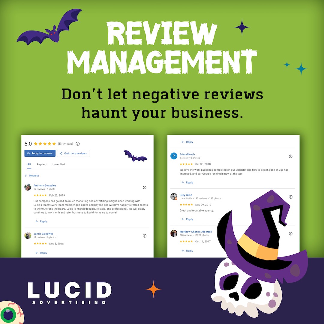JustBeLucid's tweet photo. 👻 Not having review management is scary! 👻 Don’t let negative reviews haunt your business. Let Lucid Advertising help you turn those boos into cheers! 

#HappyHalloween #ReviewManagement  #LucidAdvertising https://t.co/Afn9GDyMOz