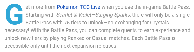 TrustYourPilot1's tweet photo. One of the economy changes in Pokemon TCG Live with Surging Sparks:

The Premium Battle Pass is removed entirely.

Instead, we get a single Battle Pass with 75 levels.

Unfortunately, this means you have to wait until Tier 33 to unlock the Archaludon ex deck. https://t.co/F1Czjzkx1V
