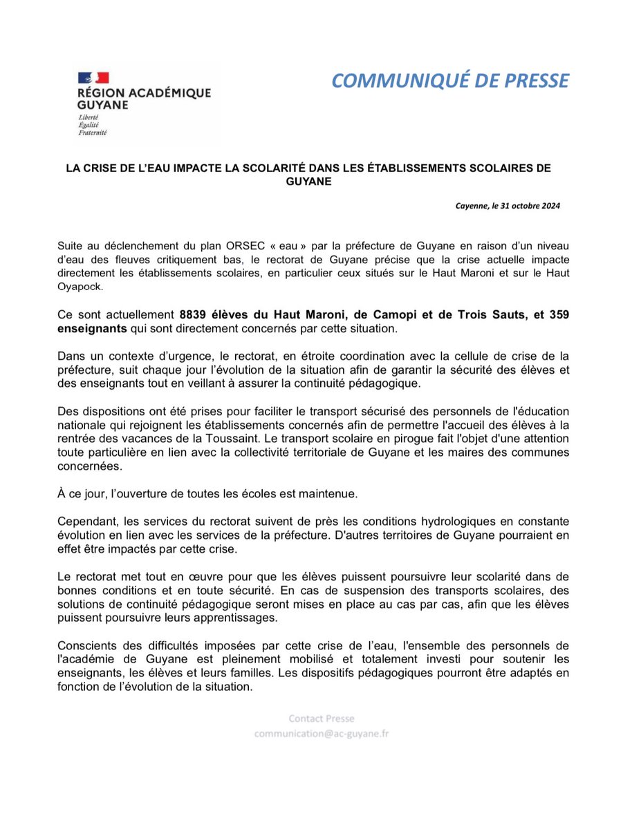 acguyane's tweet photo. [COMMUNIQUÉ DE PRESSE]

▶️ La crise de l’eau impacte la scolarité dans les établissements scolaires de Guyane https://t.co/l1qnaIf1xh