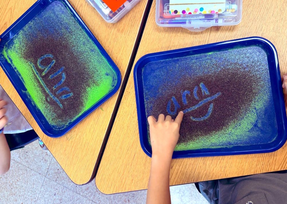 Sand trays make reviewing welded sounds extra fun! #phonicsfirst #WeAreChappaqua #WOschool