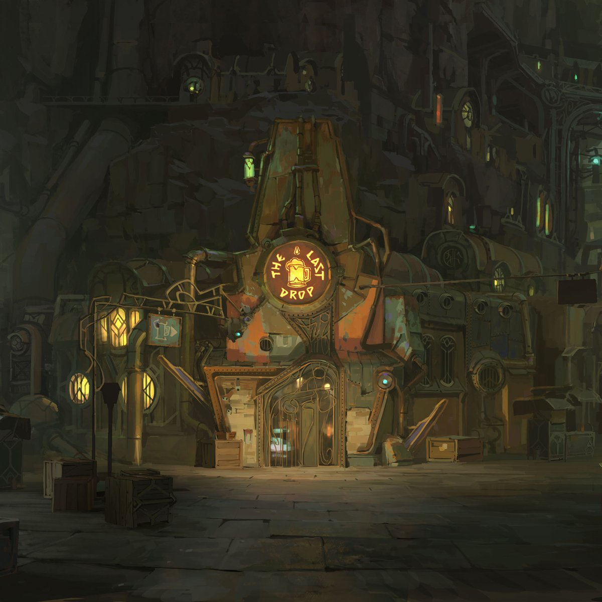 ForticheProd's tweet photo. Here’s an exclusive look at the design of the best bar in Zaun. #Arctober Day 31, Last Drop.
Illustration by Fortiche talents Geoffroy Thoorens and Christopher Oliver.

#Arcane #Fortiche #Fortichers https://t.co/8YJG4gSJF2