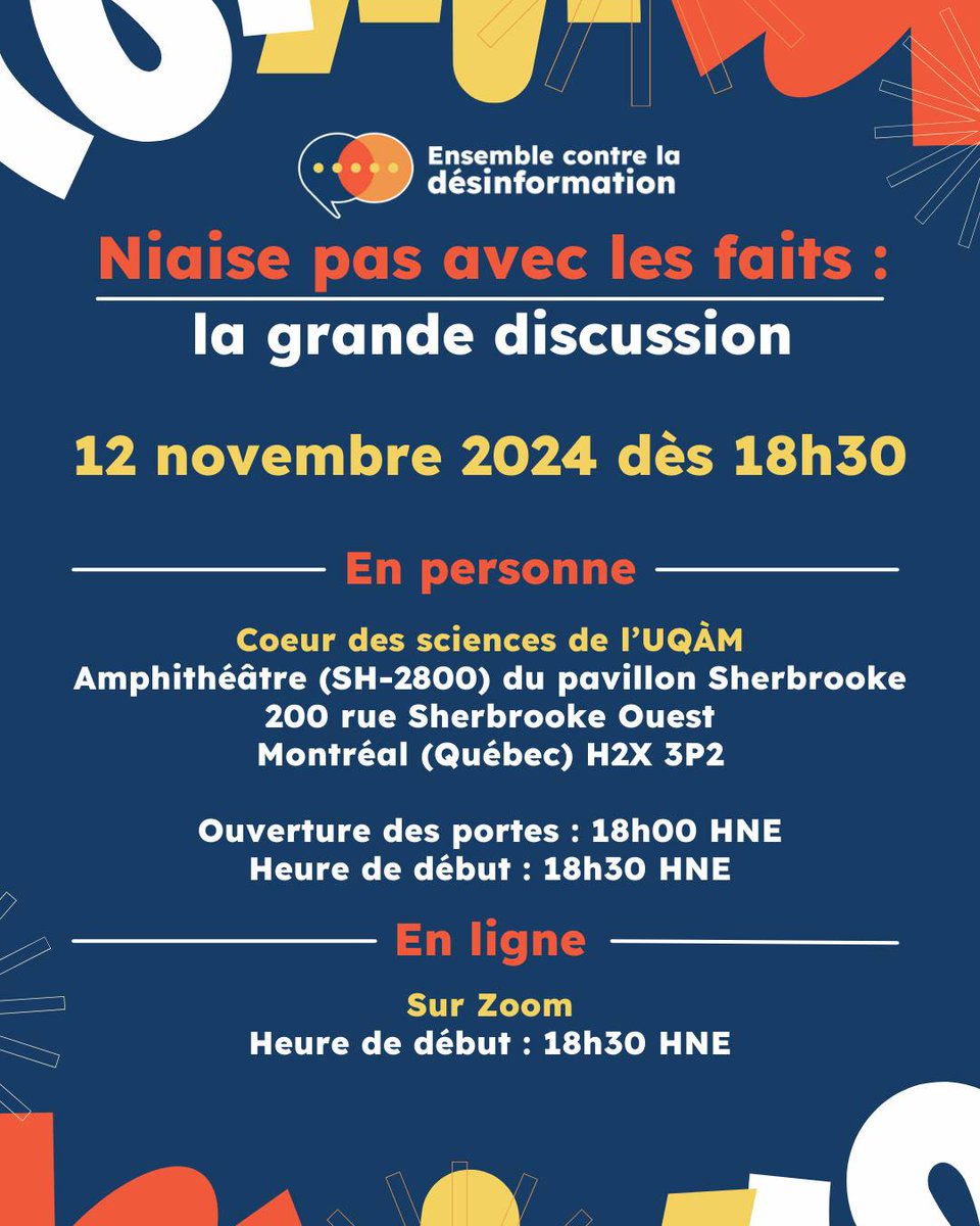 Rémi Quirion (@scichefqc) on Twitter photo La désinformation vous préoccupe? Je suis fier de m'associer à @lasciencedabord pour l'événement Niaise pas avec les faits!
📅 En ligne/personne :
12 nov. 2024
<a href="/cdsuqam/">Coeur des sciences</a>
🔸Inscriptions:frq.gouv.qc.ca/evenement/niai… La désinformation vous préoccupe? Je suis fier de m'associer à @lasciencedabord pour l'événement Niaise pas avec les faits!
📅 En ligne/personne :
12 nov. 2024
<a href="/cdsuqam/">Coeur des sciences</a>
🔸Inscriptions:frq.gouv.qc.ca/evenement/niai…