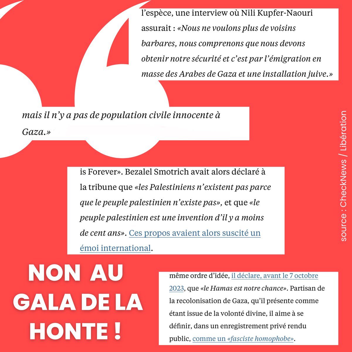 Le 13 novembre prochain, le gala « Israël is Forever » se tiendra à Paris en présence de Bezalel Smotrich, ministre israélien ayant justifié la famine imposée aux civils gazaouis.

Cet événement menace l'ordre public et nos valeurs républicaines.

Nous demandons son interdiction.