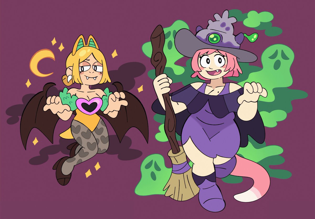BillSpooks's tweet photo. 🦇HAPPY HALLOWEEN!!! 🧙‍♀️

The Pokegals are all dressed up! Psyduck girl is going out as a succubus (Shiny Swoobat) and Slowpoke girl is rocking a cute witch (Galarian Slowking) costume!!! https://t.co/sgGdjnVLe0