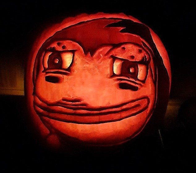 Phew!
Spend almost the entire month of FROGTOBER carving.
It’s been a knifeflipping, gourdgutting, seedsplattering ride.
I’m just pumped I finished it just in the nick of time for the <a href="/BeersnBozos/">Beers&Bozos</a> Carving Contest. So,  here’s my orange beauty, dive into my gourd-ous masterpiece