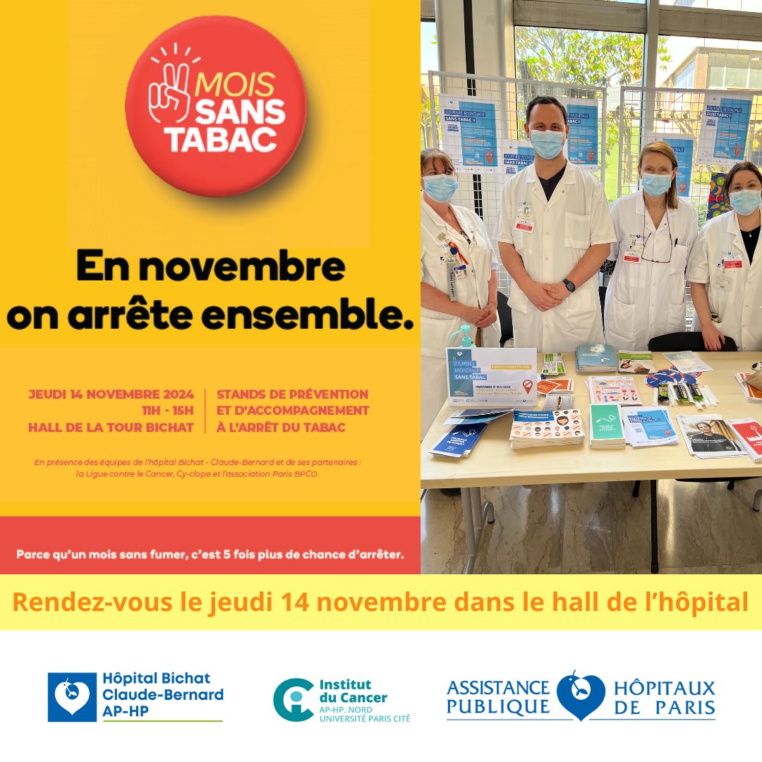 🛑 En ce mois de novembre, engageons-nous ensemble contre le tabac ! 🚭

L’<a href="/hopitalbichat/">Hôpital Bichat - Claude-Bernard AP-HP</a> <a href="/APHP/">Assistance Publique – Hôpitaux de Paris (AP-HP)</a> participe activement au mois sans tabac et les équipes <a href="/bichataddiction/">Bichat Addiction</a> vous attendent le jeudi 14 novembre, de 11h à 15h, dans le hall de l’hôpital, pour une journée de prévention :
