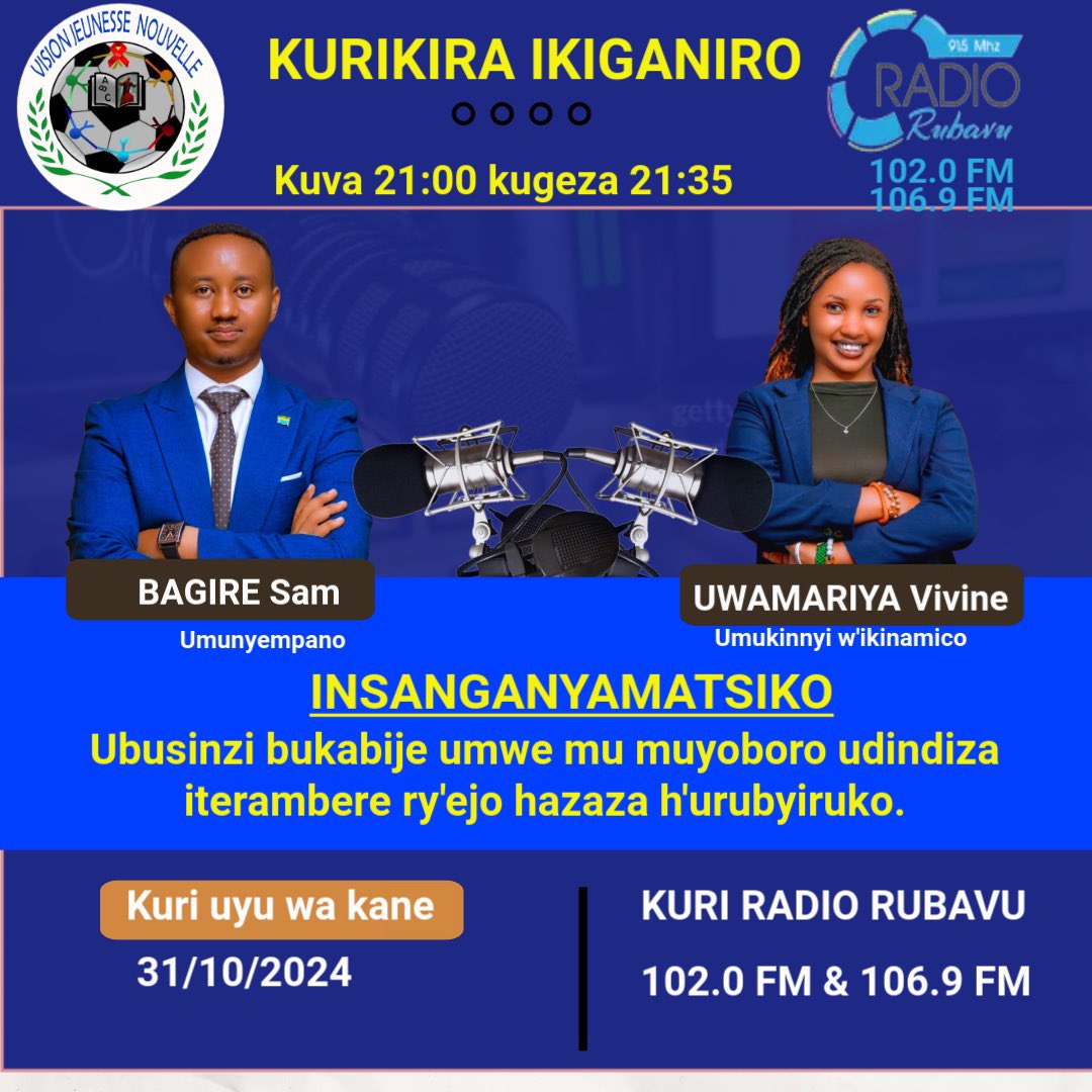 Kuri uyu mugoroba turaganira ku nsanganyamatsiko “Ubusinzi bukabije, umwe mu muyoboro udindiza iterambere ry'ejo hazaza h'urubyiruko.”

Ni saa 21:00 kuri <a href="/RadioRubavu/">Radio Rubavu 102FM&106.9FM</a> 
 
Ntimuze gucikwa!

<a href="/RwandaYouthArts/">Ministry of Youth and Arts | Rwanda</a> 
<a href="/RubavuDistrict/">Rubavu District</a>