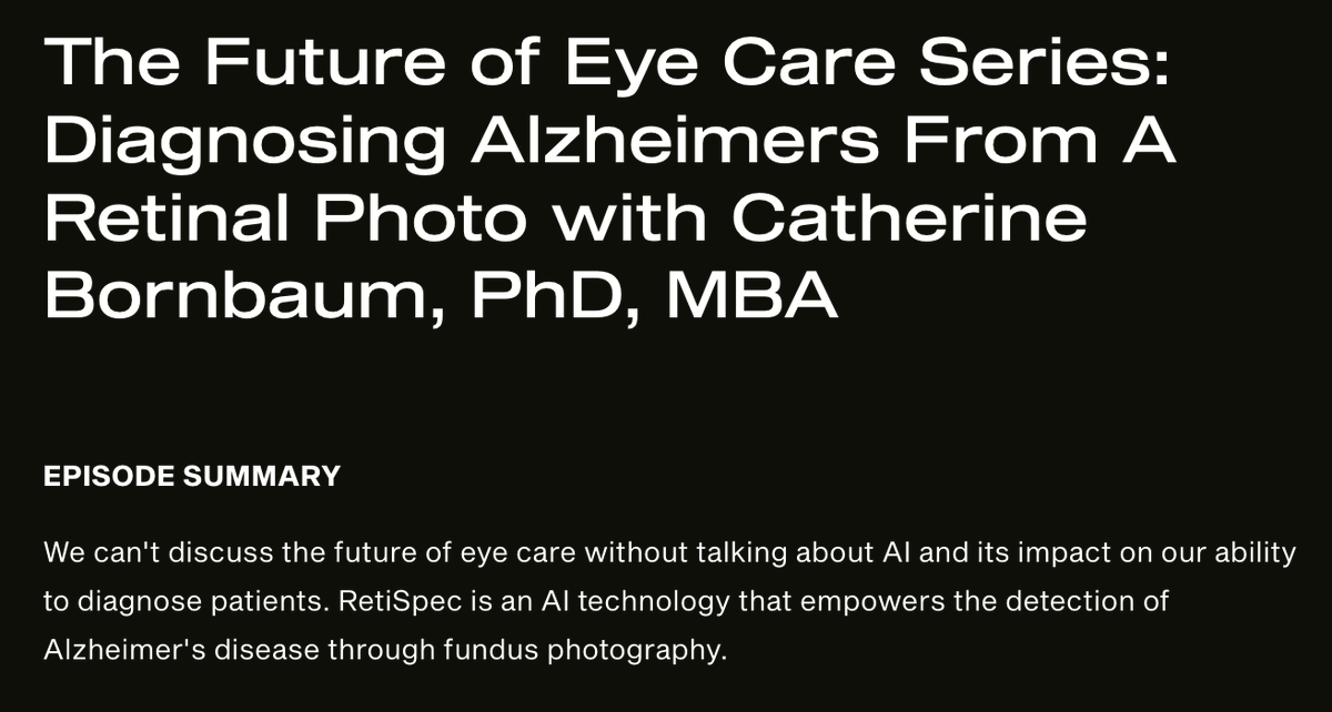 Listen in for a podcast with #HealthTransformer Catherine Bornbaum, PhD, of <a href="/RetiSpec/">RetiSpec</a>, a member of our #AlzMoonshot Community. RetiSpec is an AI company that uses fundus photography to detect Alzheimer's disease risk &amp; development. #HealthMoonshot 

🎙️➡️ ow.ly/r4HH50TVYyC