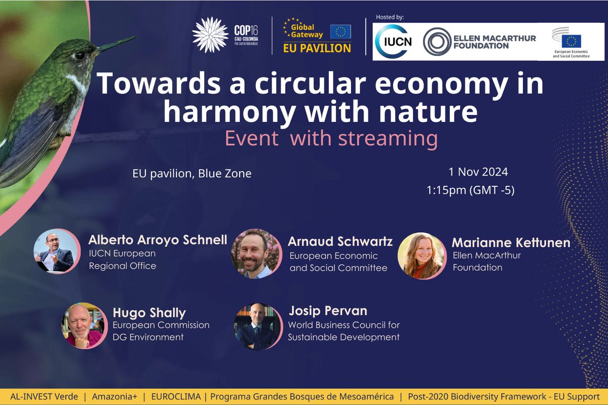 🌍#COP16Colombia🦋

#CircularEconomy can drive #SustainableResource use &amp; respect planetary boundaries, aligning with Global Biodiversity Framework &amp; #SDGs 

👉innovative approaches
👉best practices
👉insights from experts

🔴Live tomorrow⏰13:15 (GMT-5)
🔎europa.eu/!89XnJg