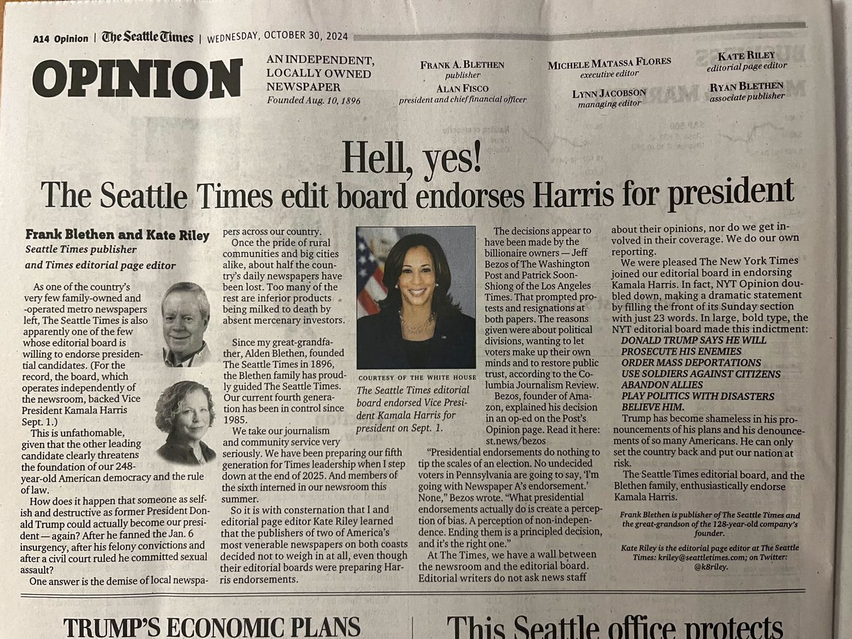 THIS is how it's done. Bravo, Seattle Times. "Hell, yes! Harris for president."