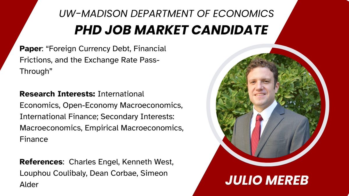 In his JMP, <a href="/Julio_3003_/">Julio</a> finds that corporate debt in foreign currency affects import prices and rationalizes this result through pricing complementarities and borrowing constraints in an open-economy model. #EconJobMarket #EconTwitter econ.wisc.edu/staff/mereb-ju…
