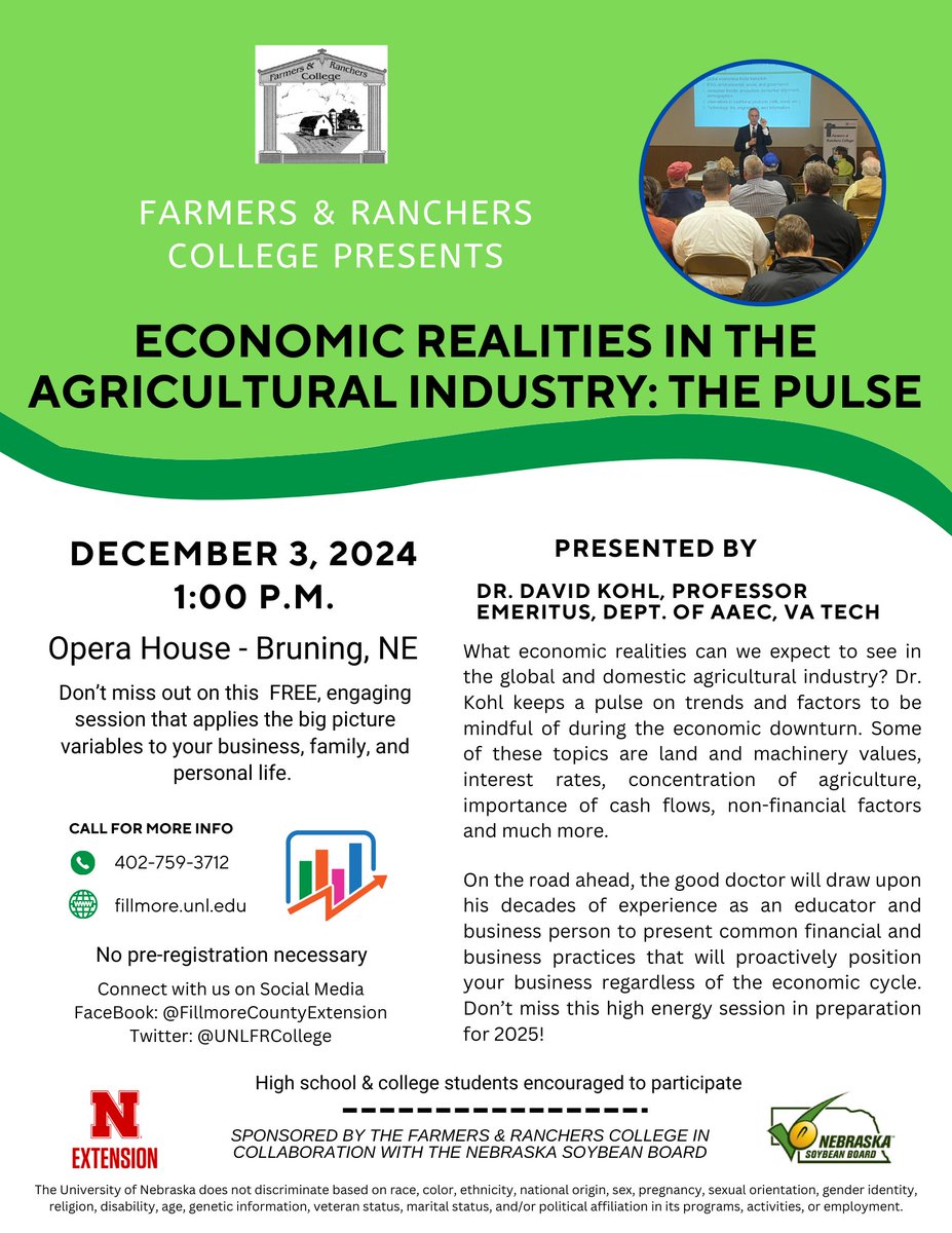 CountyFillmore's tweet image. Mark your Calendars for December 3, 2024! 
Farmers &amp;amp; Ranchers College starts with Economic Shockwaves: Challenges &amp;amp; Opportunities, featuring Dr. David Kohl, at the Opera House in Bruning. Registration will be at 12:45, and the program will start at 1:00 p.m.