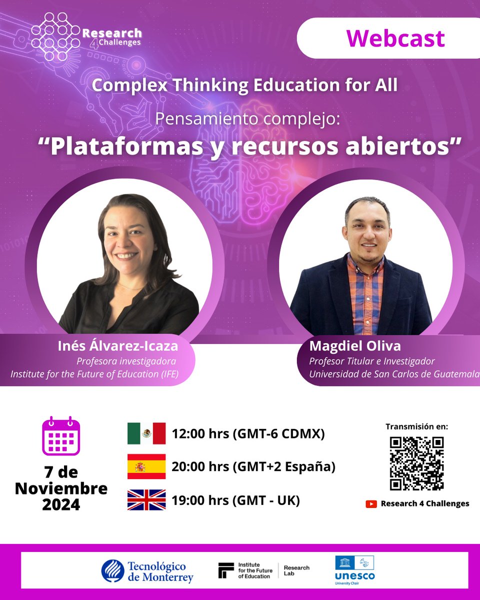 Research4C's tweet photo. 🚀¡No te pierdas nuestro webcast Complex Thinking Education for All: Plataformas y recursos abiertos!
🎤Dr.RasikhTariq y Dra.CristinaTorres
🗓 Fecha: 17/oct/2024
🇲🇽12:00 GMT-6 | 🇪🇸20:00 GMT+2 | 🇬🇧19:00 GMT UK
Regístrate aquí: https://t.co/FPvvhIfbRZ https://t.co/BBBmZrElup