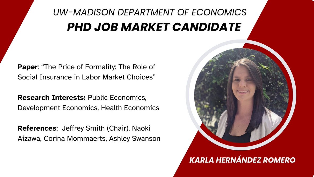 Wisconsin Economics (@wieconomics) on Twitter photo In her JMP, <a href="/Karla_Hdez_R/">Karla Hernández</a> studies how increased social insurance costs affect workers' choices between formal and informal jobs, and builds a structural model to quantify the value of social insurance benefits #EconJobMarket #EconTwitter econ.wisc.edu/staff/hernande… In her JMP, <a href="/Karla_Hdez_R/">Karla Hernández</a> studies how increased social insurance costs affect workers' choices between formal and informal jobs, and builds a structural model to quantify the value of social insurance benefits #EconJobMarket #EconTwitter econ.wisc.edu/staff/hernande…