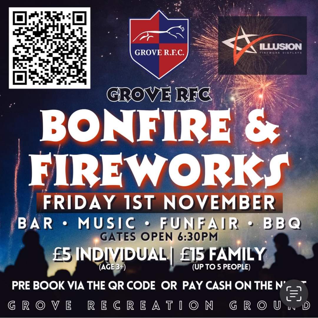 GroveRFC's tweet image. Big weekend at Grove RFC  kicking off with the huge fireworks display Friday night, followed by a weekend of rugby 2nd XV in action at home Saturday and the autumn internationals on the big screen and then the mini and juniors in action on Sunday including the Grove RFC girls