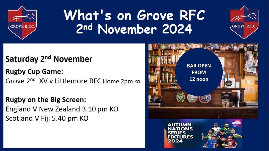GroveRFC's tweet image. Big weekend at Grove RFC  kicking off with the huge fireworks display Friday night, followed by a weekend of rugby 2nd XV in action at home Saturday and the autumn internationals on the big screen and then the mini and juniors in action on Sunday including the Grove RFC girls