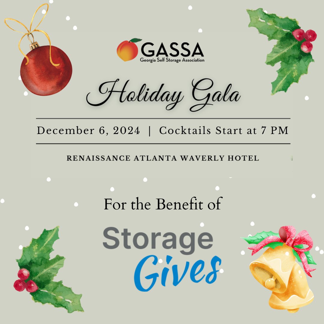 GASelfStorage's tweet photo. Announcing our first Holiday Gala on December 6, we’ll gather at the Renaissance Waverly in Atlanta for a night of cocktails, dining, live music and games, and photos with Santa! Proceeds will go to Storage Gives. Get your tickets at https://t.co/iY7rp2hsQy. #gassa #holidayparty https://t.co/S52A63FJAB