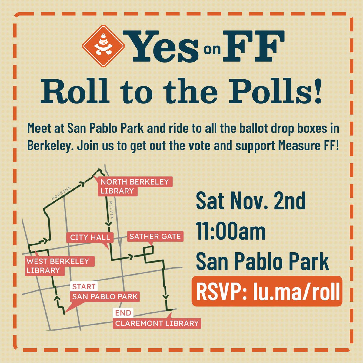 🚨 It’s the final big push before Election Day! 🚨 Join the Yes on FF campaign for a Get Out the Vote ride on Saturday November 2nd to support safe streets in Berkeley 🚲 🛴