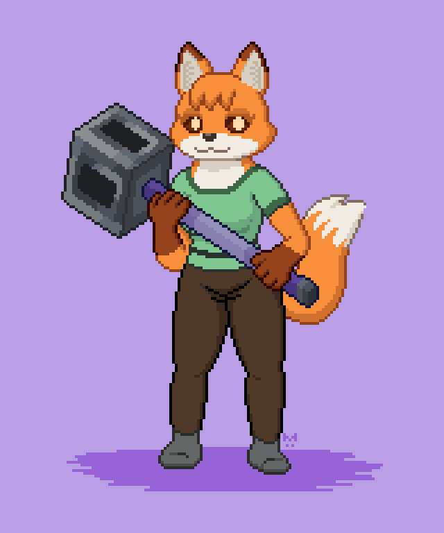 misplet's tweet photo. happy #Halloween  again 👻
She made her costume herself
She made her comically large hammer i mean 'mace' herself
She made Teale's and Violet's costumes herself
one could say Amber's a very crafty fox
#pixelart #pixelartist #furryart https://t.co/9yTPXN2rT4