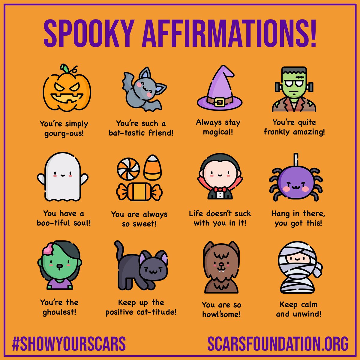 ScarsFoundation's tweet image. Wish everyone a #HappyHalloween! Here are some spooky affirmations to brighten your day & remind you to always BOO-lieve in yourself! Stay safe, keep hanging in there and enjoy your day! 💛🎃👻🧟♂️🕷️🧛🏻♂️⚰️💀🧡🔮🪦🦇
#Halloween #MentalHealth #MentalHealthAwareness #ShowYourScars
