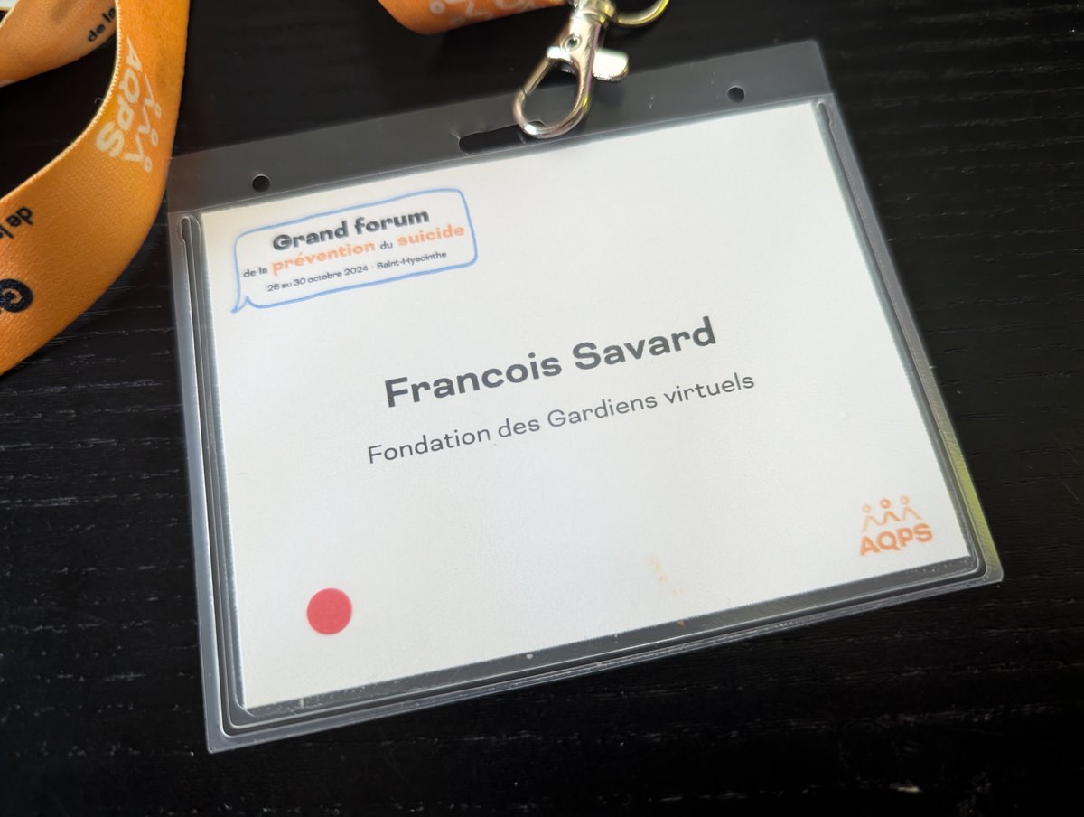 Le Grand forum de la prévention du suicide de l’ <a href="/AQPS_Quebec/">AQPS</a>!

Voici quelques observations/réflexions que je retire des discussions que j’ai eues avec de nombreux participants : linkedin.com/posts/leoninsa…

<a href="/VGF_FGV/">Fondation des Gardiens virtuels</a>