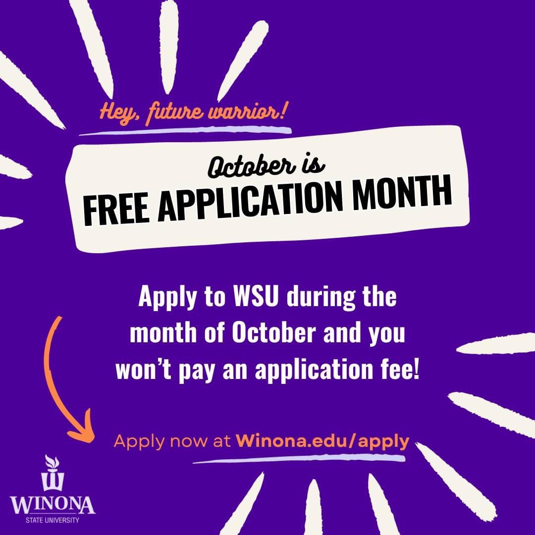 WSU_ATProgram's tweet image. Today’s the last day of free application month @winonastateu ! WSU offers 200+ majors and programs, including Movement Science Pre-AT. Go to winona.edu to explore our majors…and then apply today! #freeapplicationmonth