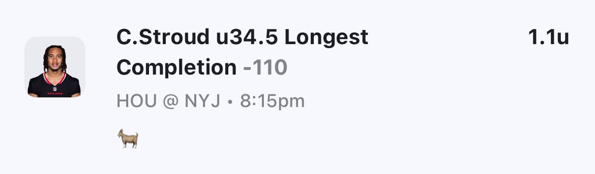UndersGOAT's tweet image. $250/1U 🎰

🐐 Play
🏈 Houston Texans vs New York Jets