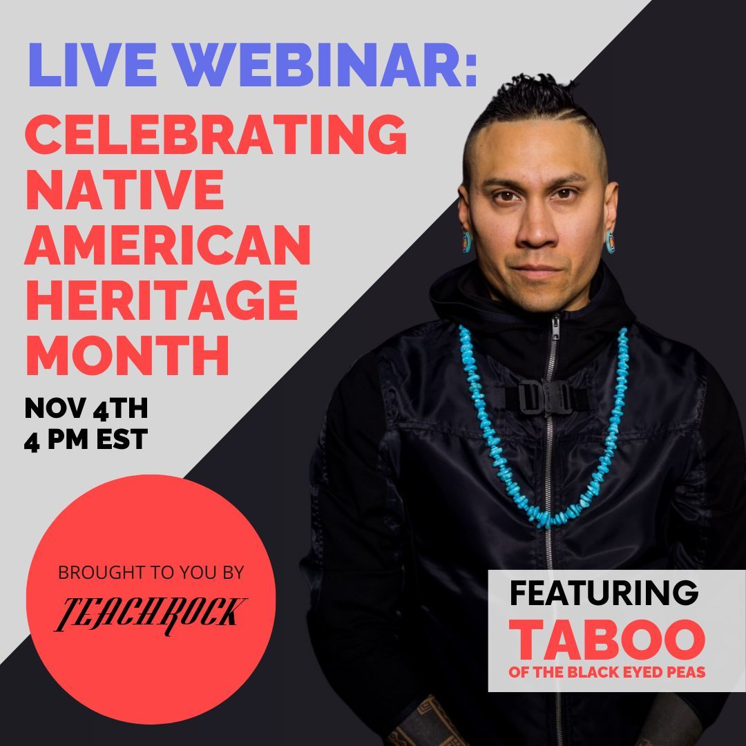 Join <a href="/TabBep/">Taboo Nawasha</a>, @Nativeprof, &amp; #TeachRock as we celebrate #NativeAmericanHeritageMonth through the powerful lens of music! We will offer resources to guide teachers in educating students about the rich  history of Native American communities. Register here- buff.ly/406tm5k