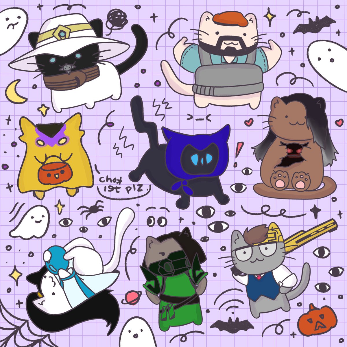 kyk1ri's tweet photo. nothing scarier than a riot game... 🎃👻

halloween collab with @heejinfoools :D 
we drew val agents and league champs as costumes for kitties 😼 https://t.co/ufofIQvMFw