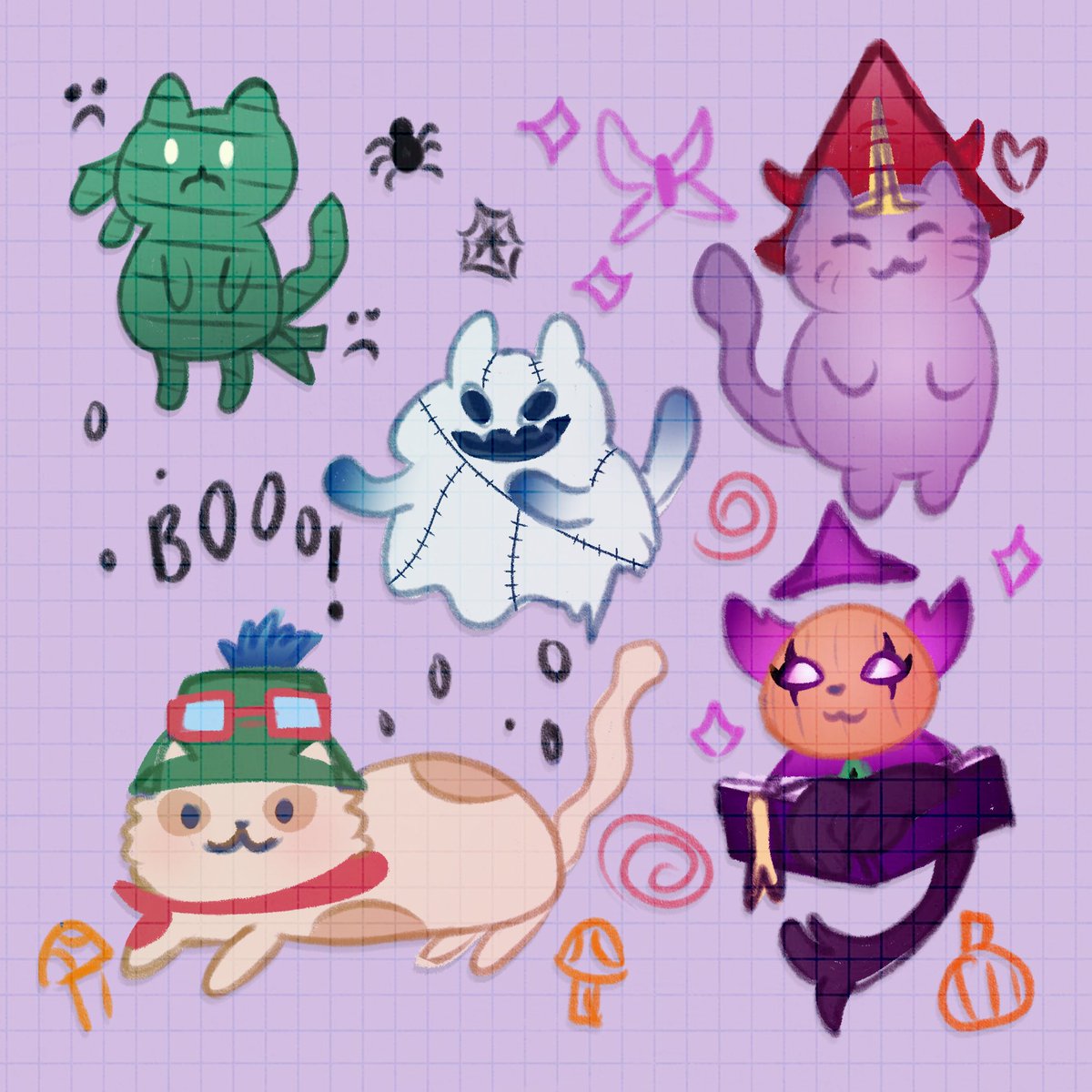kyk1ri's tweet photo. nothing scarier than a riot game... 🎃👻

halloween collab with @heejinfoools :D 
we drew val agents and league champs as costumes for kitties 😼 https://t.co/ufofIQvMFw