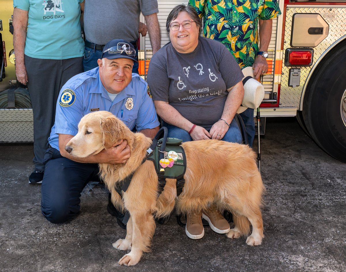 OrlandoFireDept's tweet photo. This #Halloween   morning, Susan and her dog Disco stopped by Fire Station 4 to thank the crew at FS4 and Tower 6 for assisting. We're glad to see she and Disco are doing great! #firefighter #firefighterlife #ofdfire https://t.co/l9DhblhjMn