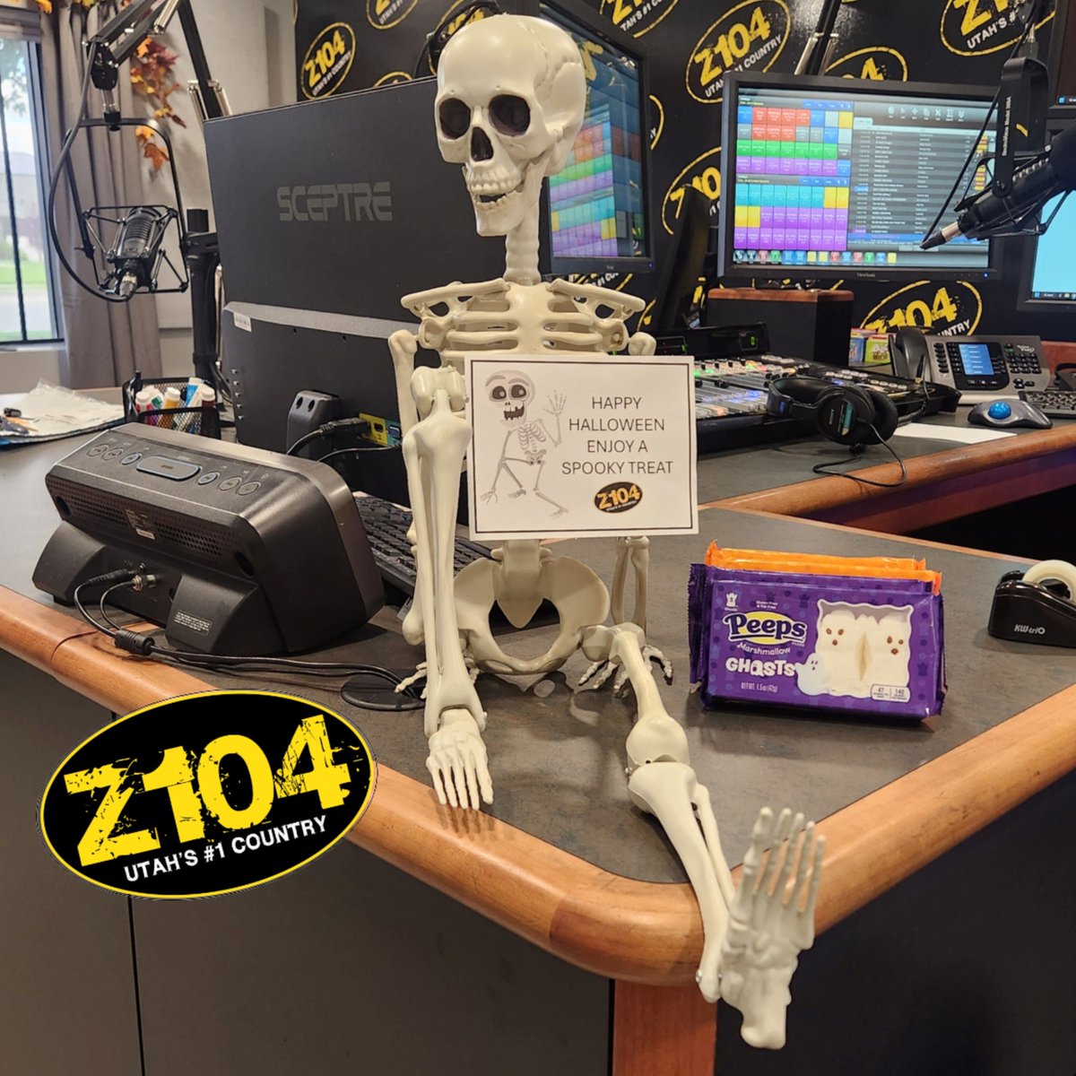 Z104Country's tweet photo. Oct 31 and it is Fredericks last day at the Station! He brought all our favorite DJ'd a "see ya later peeps" treat! We hope you have enjoyed seeing what our #skeletoninthestation has done all month long! Happy Halloween from all of us here at the Z! #z104country #frederick https://t.co/oPNFY4G0hx