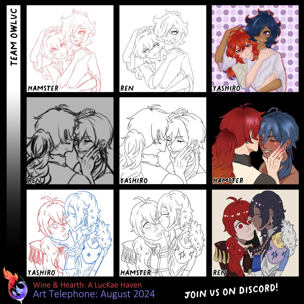 wineandhearth's tweet photo. Last but not least, we bring you Team Owluc's collaborative efforts from our August Luckae Art Telephone! 🎨

These art pieces were done by: @HamsterBunnss, Ren, and @_Yasinner_ ❤️💙 https://t.co/NCc7MHAXWd