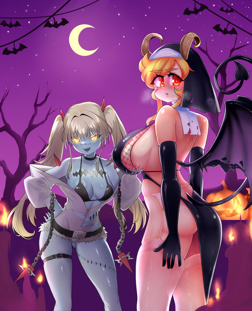 "Trick or treat~💕Which one will you choose~?"
Happy Halloween 🎃! This is a collab I did with <a href="/negative_cha/">NegativeSpace</a>! Their OC Igni (Sexy Zombie Girl) and my OC Resa (Succubus Nun). Hope you like them!