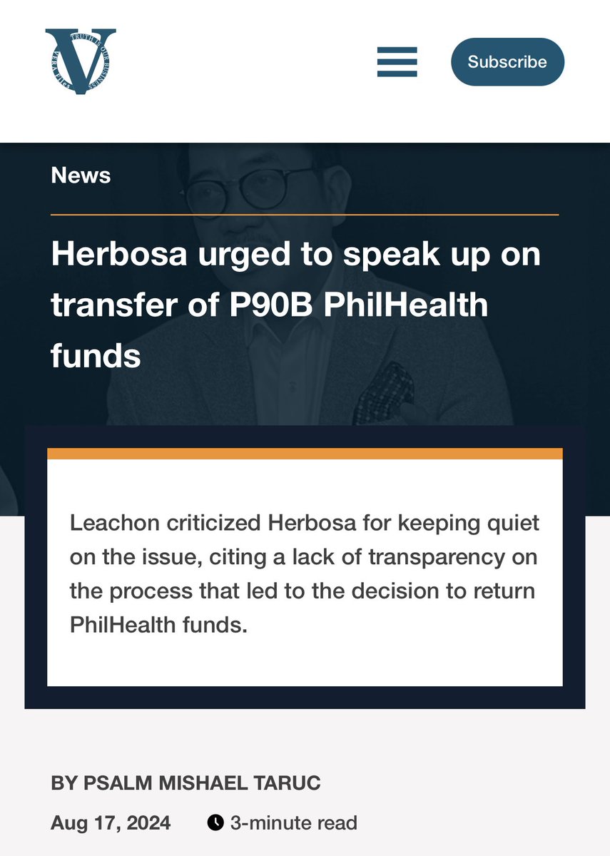DrTonyLeachon's tweet photo. Health Secretary Teodoro Herbosa should speak up on the controversial transfer of the P89.9 billion unused funds of the Philippine Health Insurance Corp. (PhilHealth) to the national treasury in four tranches until November.

Dr. Anthony Leachon, an independent health reform advocate, criticized Herbosa for keeping quiet on the issue, citing a lack of transparency on the process that led to the decision to return the funds.

In the Aug. 14 episode of VERA Files’ Tres from Tress podcast, Leachon, former independent director, representative of the monetary Board to the PhilHealth, noted Herbosa has never spoken about the fund transfer.

https://t.co/opqlEEMi30