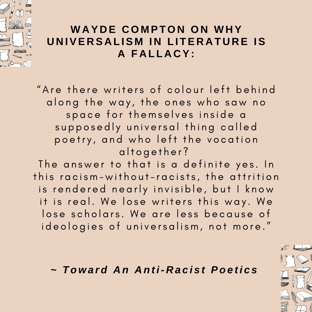 I highly recommend Toward An Anti-Racist Poetics by <a href="/WaydeCompton/">Wayde Compton</a> in which he advocates for a new poetic approach that makes space for diversity in the literary landscape. 
Order his thought-provoking <a href="/UAlbertaPress/">UAlberta Press</a> book here: bit.ly/3A8vYW8
Watch Wayde read here: