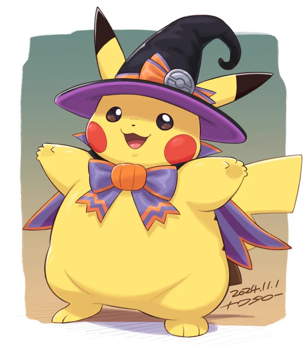 ポケセンのぬいぐるみのハロウィンピカ様がかわいいという絵 