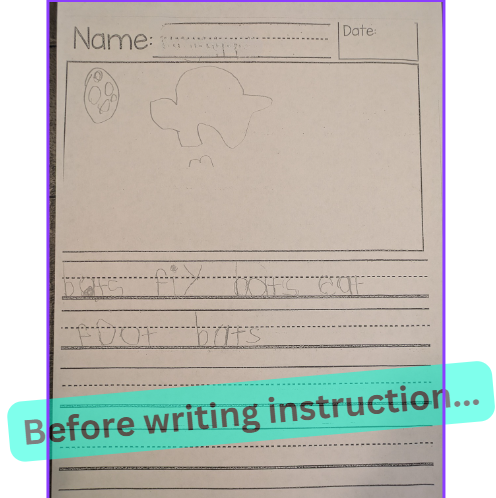 Here are some of my 1st graders BEFORE and AFTER writing assessments...before my writing instruction began and after 10 weeks of explicit writing instruction using <a href="/thinkSRSD/">Science of Writing Instruction</a> ! First grade! 1/9
Student A Before: