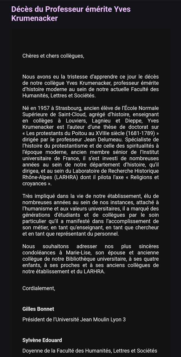L’AHMUF a la tristesse d’apprendre le décès d’Yves Krumenacker, éminent spécialiste d’histoire religieuse et du protestantisme moderne. Elle présente ses sincères condoléances à sa famille, ses proches et ses collègues.