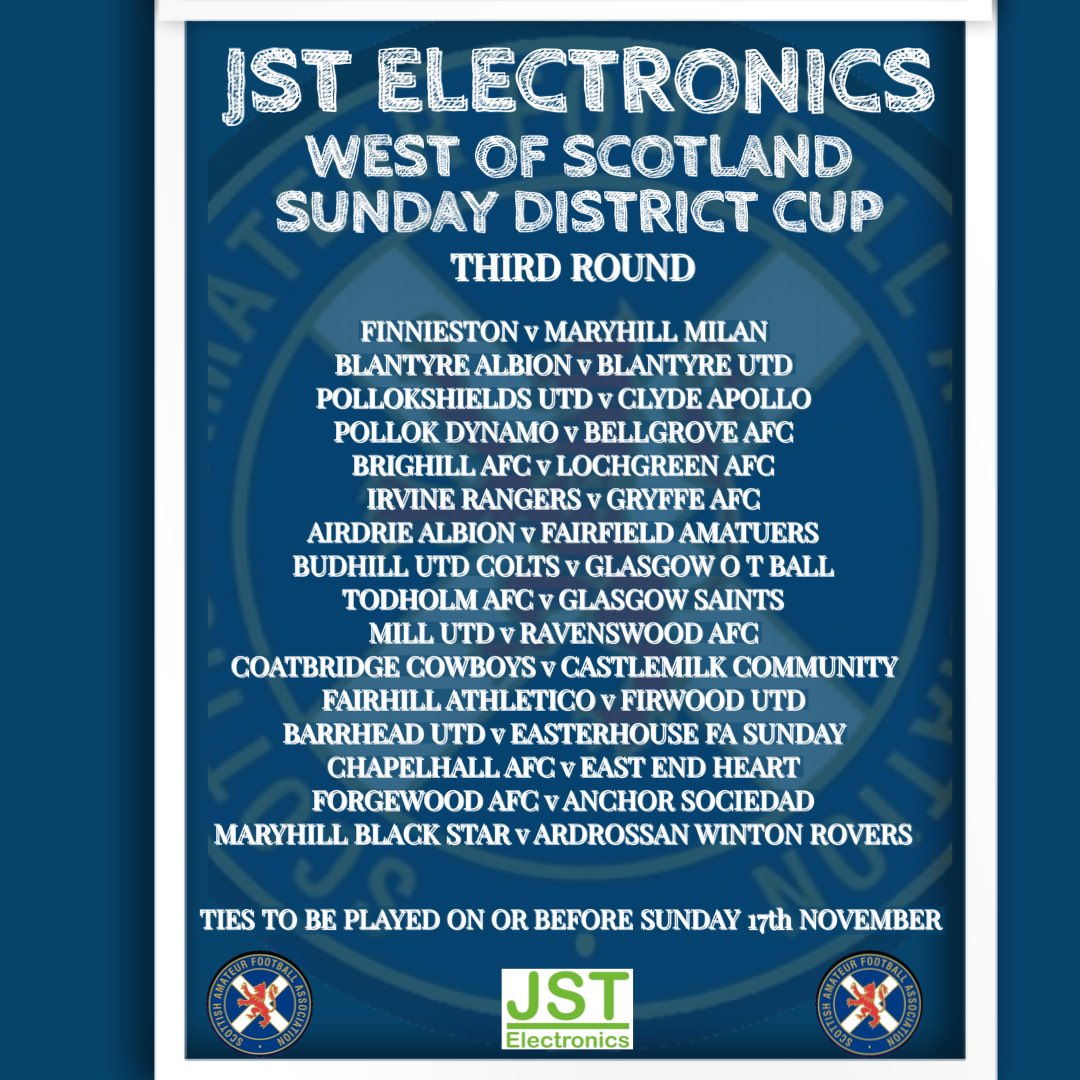 Sunday West District Cup (@safawestsunday) on Twitter photo JST Electronics Sunday West District Cup 3rd Round draw was held tonight
Here are all 3rd Round Fixtures
Ties to be played on or before Sunday 17th November
<a href="/ScotAmFA/">Scottish Amateur FA</a> <a href="/scottish_aff/">AmateurFixturesResultsSCO</a> <a href="/AirdireL/">Airdire and coatbridge league</a> <a href="/AsafaLeague/">Ayrshire Sunday Amateur FA</a> <a href="/GDSFC2008/">GDSFC</a> JST Electronics Sunday West District Cup 3rd Round draw was held tonight
Here are all 3rd Round Fixtures
Ties to be played on or before Sunday 17th November
<a href="/ScotAmFA/">Scottish Amateur FA</a> <a href="/scottish_aff/">AmateurFixturesResultsSCO</a> <a href="/AirdireL/">Airdire and coatbridge league</a> <a href="/AsafaLeague/">Ayrshire Sunday Amateur FA</a> <a href="/GDSFC2008/">GDSFC</a>