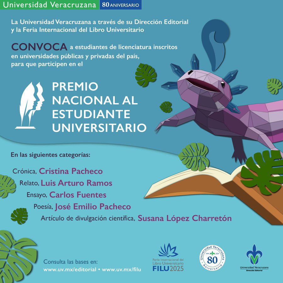 ¿Escribes? La Universidad Veracruzana a través de su Dirección Editorial y la Feria Internacional del Libro Universitario te invitan a participar en el Premio Nacional al Estudiante Universitario 2025. ¡Es tu oportunidad! 🤓📚

¡Consulta la Convocatoria!
✅uv.mx/filu/convocato…