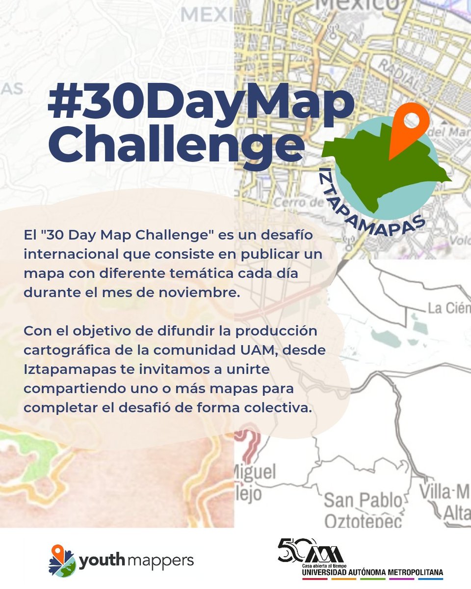 iztapamapas's tweet photo. ¿Formas parte de la comunidad UAM y te gusta la cartografía? Únete al desafío de 30 días de mapas. Puedes enviarnos tu aportación a través del formulario https://t.co/EQHj8WzMWp para compartirlo en nuestras redes sociales y completar juntos el #30DayMapChallenge https://t.co/cNC0AcRj4R