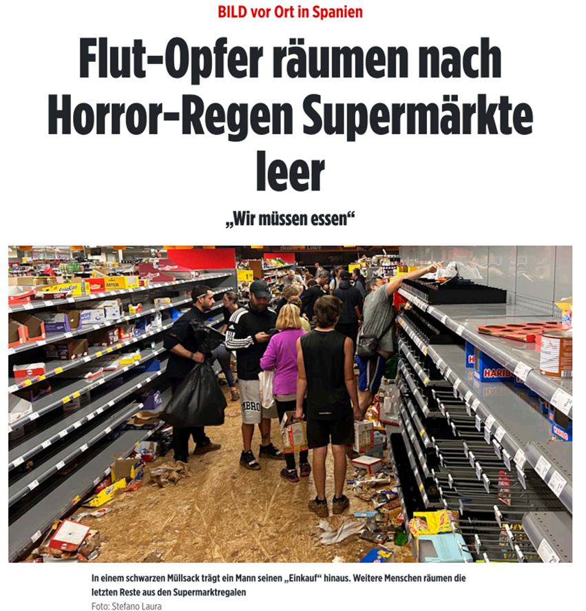 01/10
#Notfallvorsorge #Notvorrat #Krisenvorsorge

Warum das so wichtig sein kann, zeigt sich äusserst eindrücklich an den aktuellen Ereignissen in #ValenciaFlooding Spanien.

Supermärkte werden "leergeräumt" aka geplündert. Es gibt keinen Strom, kein Telefon und kein Wasser.😱😬