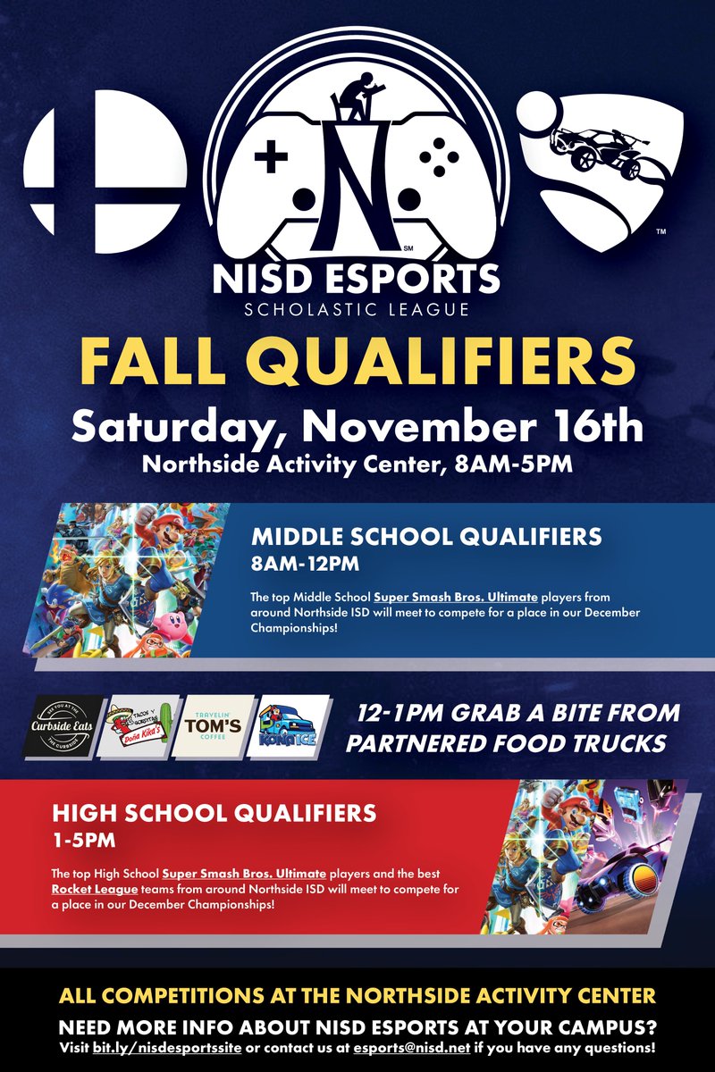 nisdesports's tweet photo. Registration for the Fall 2024 NISD Esports Qualifiers is now open, and will take place on Saturday, Nov. 16th from 8:00 AM to 5:00 PM. Registration will be open until Thursday, Nov. 14th at 8:00 AM.

https://t.co/QFoUxuSaUm
(NISD Login Required) https://t.co/YfoRWW353N