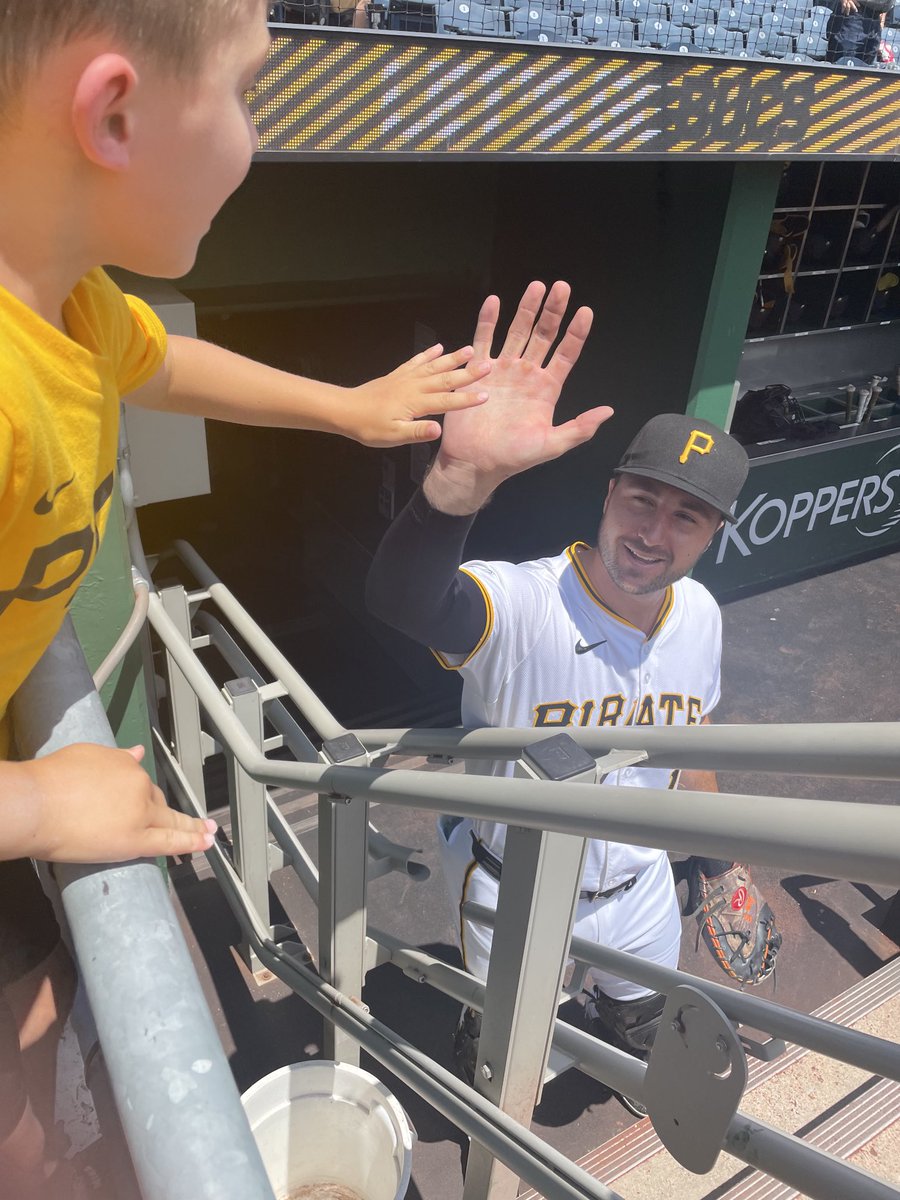 FrankTriggiani's tweet photo. Joey T meets ⁦@JBart9GT⁩ and he gives you a high five before a game. Only a few months later and now you're Joey Bart for Halloween. ⁦@Pirates⁩ https://t.co/rzbfJqbpfM